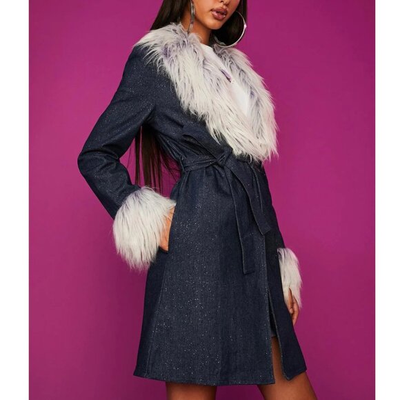 💋GORG!💋LIMITED EDITION FAUX MONGOLIAN FUR COLLAR GLITTERY DENIM AFGHAN COAT - Picture 16 of 16
